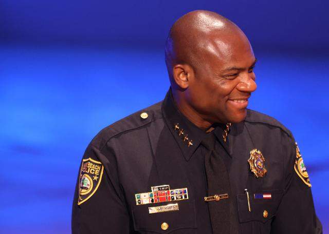 Wayne Jones is sworn in as police chief at the New World Symphony in Miami Beach on Aug. 31, 2023.